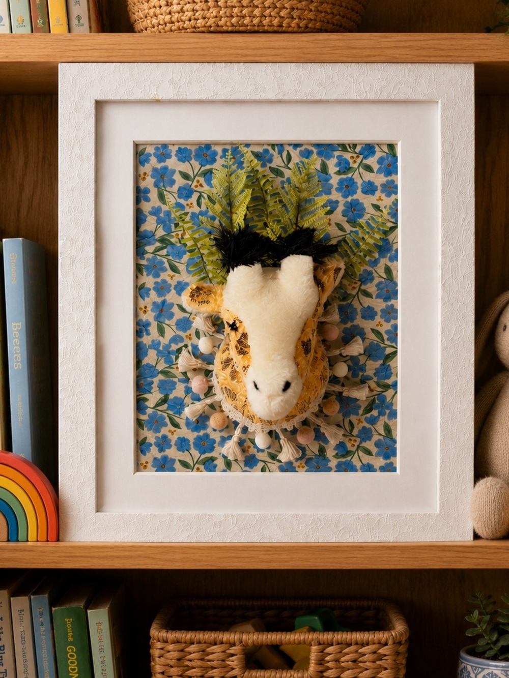 Plush Giraffe Wall Art with Blue Floral Background and Grey Frame